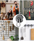 110Lbs Neodymium Magnetic Hooks Set With Swivel Carabiner Hangers installed in kitchen, garage, and outdoor setups for organizing tools and utensils.