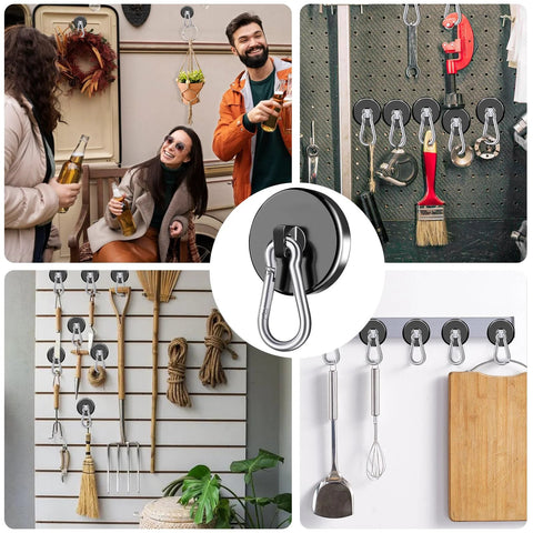 110Lbs Neodymium Magnetic Hooks Set With Swivel Carabiner Hangers installed in kitchen, garage, and outdoor setups for organizing tools and utensils.