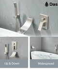 Wall Mounted Tub Filler Faucet With Hand Shower In Brushed Nickel, Waterfall Bathtub Faucet, High Flow Rough In Valve