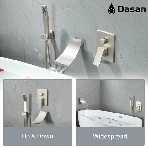 Wall Mounted Tub Filler Faucet With Hand Shower In Brushed Nickel, Waterfall Bathtub Faucet, High Flow Rough In Valve