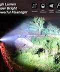 Rechargeable Flashlight 900000 Lumens Ultra Bright LED With 5 Modes And Zoomable Beam illuminating trees outdoors at night