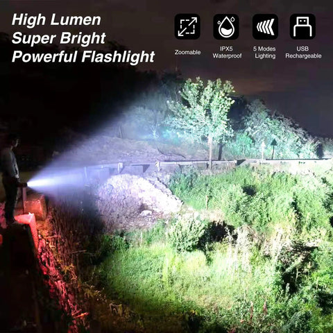 Rechargeable Flashlight 900000 Lumens Ultra Bright LED With 5 Modes And Zoomable Beam illuminating trees outdoors at night