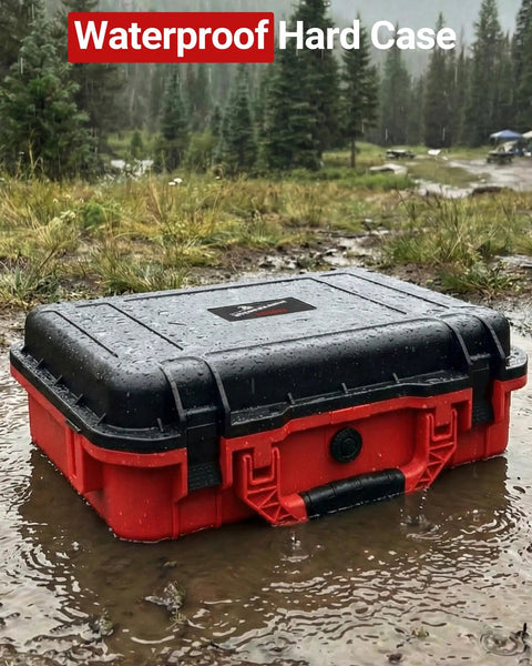 Road Trip Ready Waterproof Hard Case For Starlink Mini Kit Red Black in muddy outdoor setting