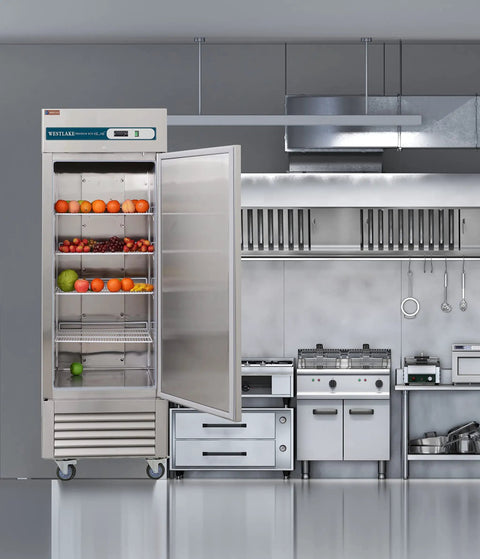 Heavy Kickass Workhorse 27 Inch Wide Commercial Freezer Upright Reach In Single Solid Door 23 Cu Ft Cold Storage with fruits inside.