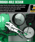 5-Piece Locking Pliers Set With Long Nose And Curved Jaw For Gearhead Projects clamping green metal component near dials