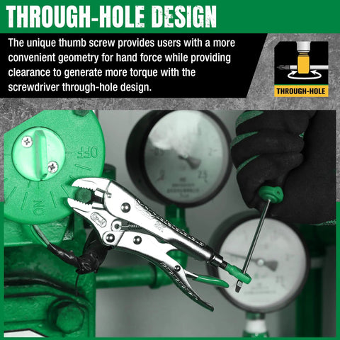 5-Piece Locking Pliers Set With Long Nose And Curved Jaw For Gearhead Projects clamping green metal component near dials