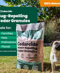 Natural Cedar Granules For Yard And Home Pest Control That Repels Fleas Ticks Ants And Mosquitoes Smells Great Easy To Use Family And Pet Safe Two Bags 16 Lbs product bag outdoors with dog