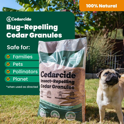 Natural Cedar Granules For Yard And Home Pest Control That Repels Fleas Ticks Ants And Mosquitoes Smells Great Easy To Use Family And Pet Safe Two Bags 16 Lbs product bag outdoors with dog