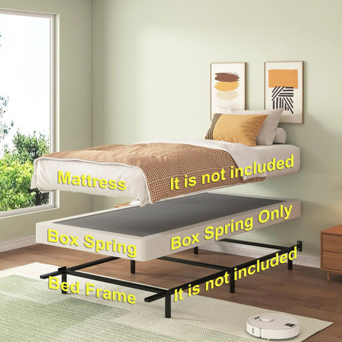 Twin Box Spring Low Profile Heavy Duty Platform Mattress Foundation with mattress and bed frame labels.