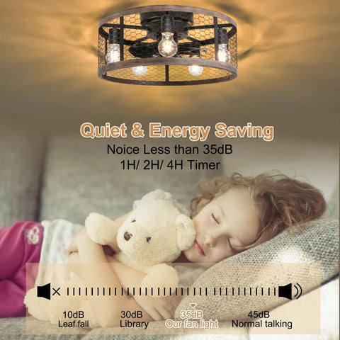 20 Inch Flush Mount Caged Ceiling Fan With Lights Remote Control Vintage Rustic Farmhouse Style Low Profile Enclosed