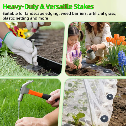 Heavy Duty 12 Inch Galvanized Landscape Stakes With Gasket Caps being used for garden edging and securing fabric