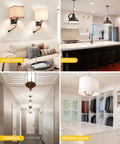 Different rooms illuminated with stylish light fixtures: living room, kitchen, corridor, dressing room.