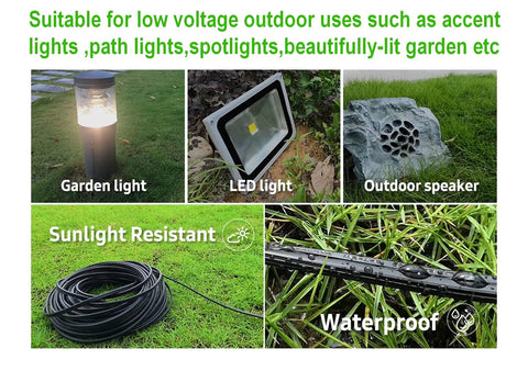 Images of garden lights, LED light, and outdoor speaker with coiled 12/2 Gauge Low Voltage Landscape Wire, 200 Feet Outdoor Lighting Cable.