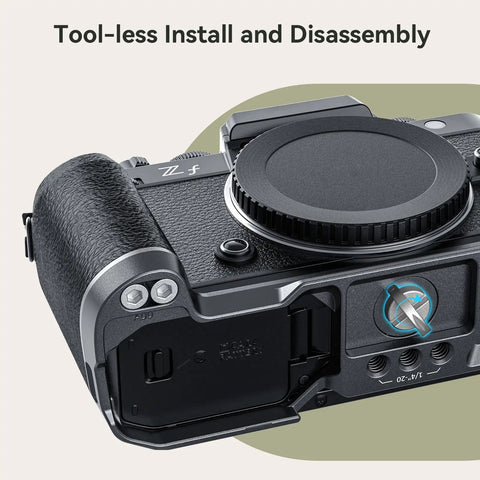 Zf Handgrip L Shape Grip for Nikon Zf shown with ergonomic silicone grip and built-in Arca quick release plate.