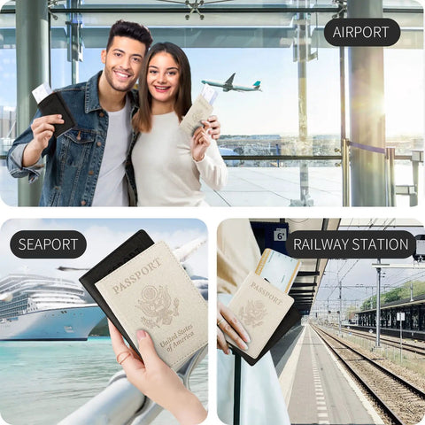 Two Pack RFID Blocking Passport Wallet Cover With Vaccine Card Slot And Card Compartments, stylish travel use.