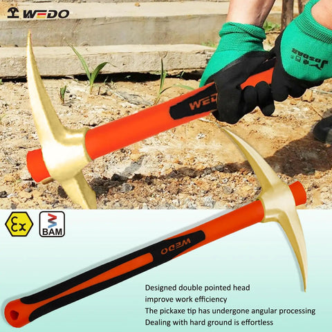 Person using Non-Sparking Railroad Pick Axe With Fiberglass Handle For Weeding Prying And Digging 910mm Aluminum Bronze Anti-Slip Ergonomic Grip