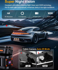 360 View 4K Front Dash Cam With Full Quad Channel Coverage Front Rear Inside Left Right and night vision features displayed with car