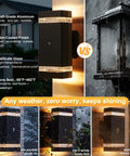 Comparison of two outdoor lights highlighting features of Dusk To Dawn Outdoor Lights For Front Door And Porch 5W LED Exterior Wall Sconces IP65 Waterproof Auto On Sensor At Night Off At Day Weatherproof Exterior Lighting For Porch Garage Yard in harsh weather conditions.