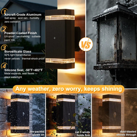 Comparison of two outdoor lights highlighting features of Dusk To Dawn Outdoor Lights For Front Door And Porch 5W LED Exterior Wall Sconces IP65 Waterproof Auto On Sensor At Night Off At Day Weatherproof Exterior Lighting For Porch Garage Yard in harsh weather conditions.