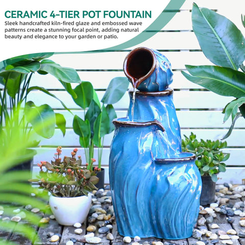 Outdoor Ceramic Water Fountain With 4 Tier Pots Turquoise Ocean Wave Texture 29 Inch Garden Centerpiece For Patio Yard Or Porch Creates A Relaxing Serene Oasis With Dynamic Waterfalls