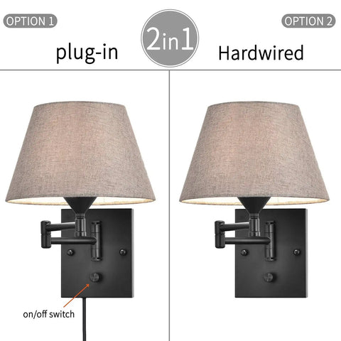 Plug-In Wall Sconce Set Of 2 With Swing-Arm Lamps featuring grey fabric shade and black finish, showing plug-in and hardwired options.