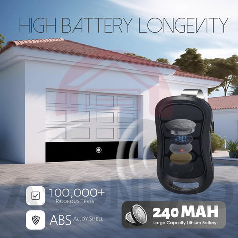 2-Pack G3T R Remote Replacement for Genie Garage Door Opener With Auto Seek and Rolling Code shown near garage door