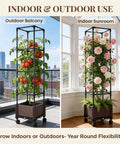 Self Watering Tomato Planter With Trellis 64 Inch Raised Garden Bed indoors and outdoors with tomatoes and flowers
