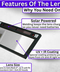 Image showing features of Auto Darkening Welding Lens Shade 12 In Silver With Blue Puddle Finish, solar powered, UV+IR coating, 2x4.25 size.