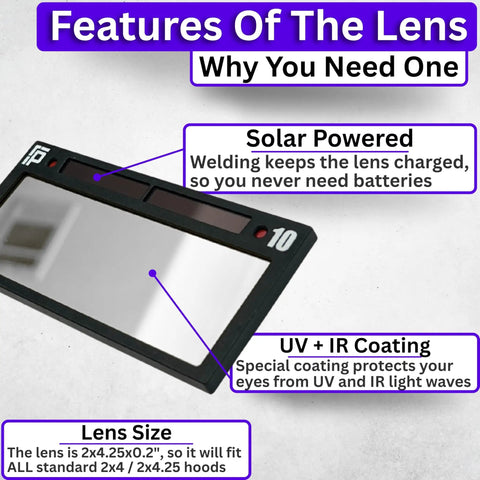 Image showing features of Auto Darkening Welding Lens Shade 12 In Silver With Blue Puddle Finish, solar powered, UV+IR coating, 2x4.25 size.