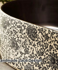 Retro Ceramic Vessel Sink for Bathroom, Oval Above-Counter Wash Vanity Sink with Accessories, showing detailed handmade lace design.