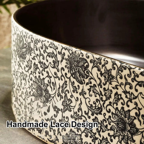 Retro Ceramic Vessel Sink for Bathroom, Oval Above-Counter Wash Vanity Sink with Accessories, showing detailed handmade lace design.