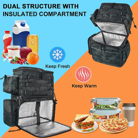 Water Resistant Fishing Backpack With Cooler Compartment Rod Holders And Tackle Storage Easy 180 Degree Opening Durable Gear Carrier For Bass Anglers Perfect Gift For Men Who Love Fishing showcasing dual insulated compartments for hot and cold items.