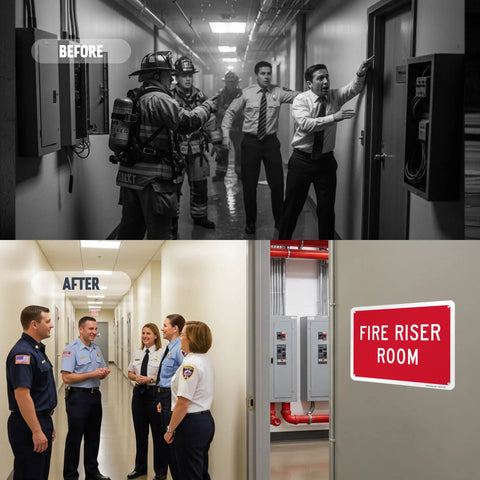 Fire Riser Room Aluminum Sign 7x10 Durable 40 Mil No Rust Heavy Duty Indoor Outdoor With Four Corner Mount Holes Easy Install And Built To Last Reliability before and after improved hallway.