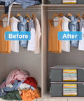 Before and after closet with 35L foldable storage bags six pack with clear window and sturdy handles for organized clothes.