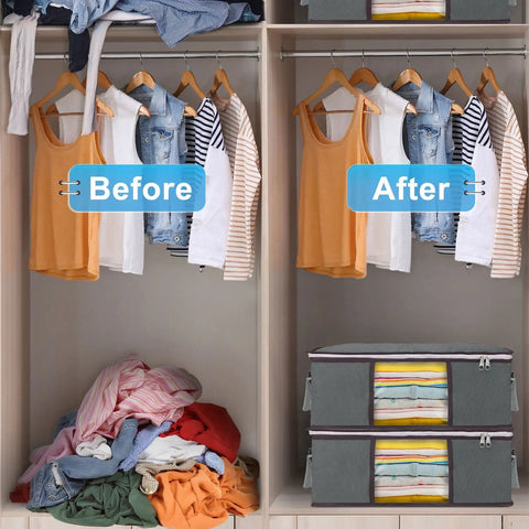 Before and after closet with 35L foldable storage bags six pack with clear window and sturdy handles for organized clothes.