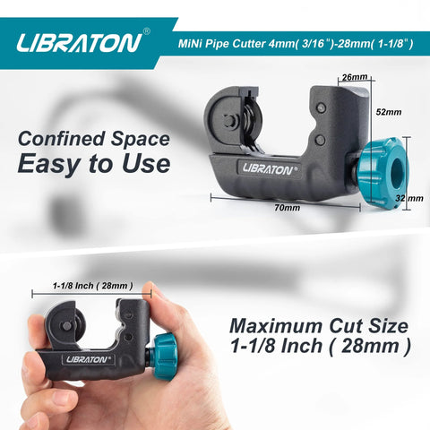 Libraton mini tubing cutter, front view; 3/16–1-1/8 in (4–28 mm); black body with blue adjustment knob