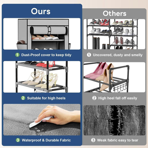 Comparison of 10 Tier Tall Shoe Organizer With Dustproof Cover versus standard rack, highlighting dustproof cover and strong fabric.