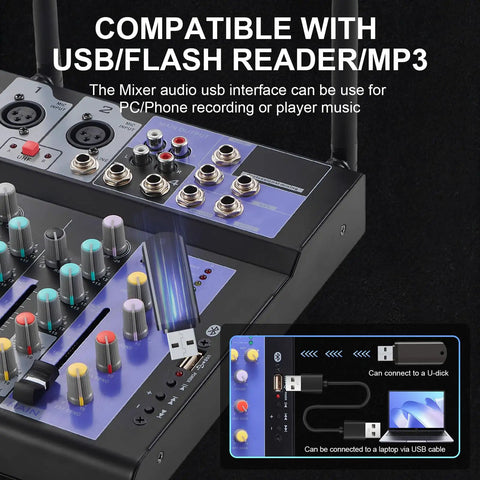 Top view of Beast 4 Channel DJ Mixer With Dual Wireless Microphones Bluetooth MP3 Player USB Interface 48V Phantom Power