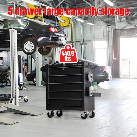 5-Drawer Rolling Tool Chest With Lockable Cabinet And Wheels in a garage workshop, heavy-duty metal tool box organizer, durable black finish.