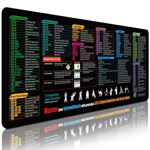 Cheat Sheet Desk Pad With 200 Plus Shortcuts And Formulas, Large 31.5 Inch By 11.8 Inch Waterproof Non Slip Mouse Pad displayed.