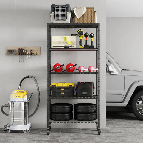 Heavy Duty 5 Shelf Wire Shelving Unit On 3 Inch Wheels With Shelf Liners Set Of 5 NSF Certified Adjustable Carbon Steel Storage Racks