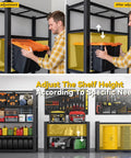 Man adjusting height of No Fuss Heavy Duty Five Tier Garage Shelving Unit Built Like A Tank Steel Storage Rack 72 X 48 X 24 Inches.