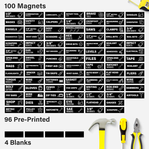 Magnetic Tool Box Labels With Icons 96 Pre Printed Icons Plus 4 Blank Tags For Custom Tools Black 3 X 1 Inch