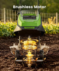 40V Cordless Electric Tiller With Two 4.0Ah Batteries in garden showing brushless motor, working soil, and steel tines.
