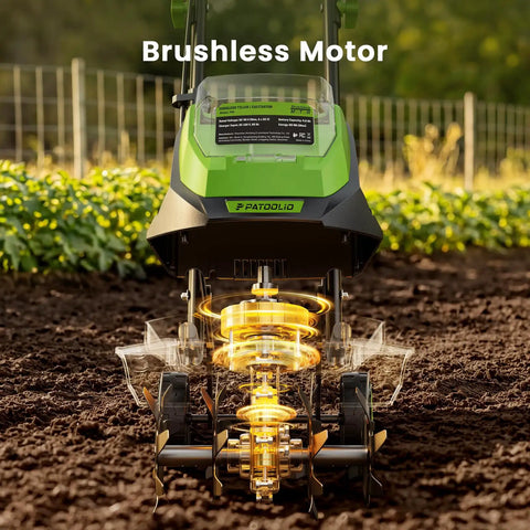 40V Cordless Electric Tiller With Two 4.0Ah Batteries in garden showing brushless motor, working soil, and steel tines.