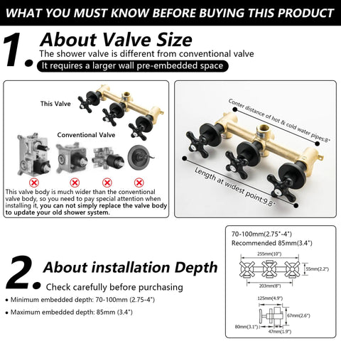 Diagram showing installation details of Three-Handle Tub And Shower Faucet Set In Dope Matte Black With 6-Inch Shower Head