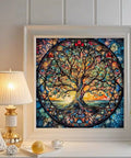 Tree Of Life Diamond Painting Kit For Adults Beginners 5D Full Drill Round Beads DIY Dot Art For Home Wall Decor 13.7 X 13.7 Inches Includes Tools And Accessories For Quick Build And Fun Finish displayed on room wall.