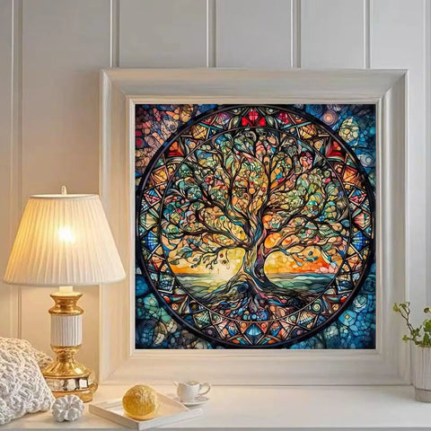 Tree Of Life Diamond Painting Kit For Adults Beginners 5D Full Drill Round Beads DIY Dot Art For Home Wall Decor 13.7 X 13.7 Inches Includes Tools And Accessories For Quick Build And Fun Finish displayed on room wall.