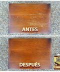 Before and after images of a tabletop rejuvenated with Neutral Wood Finish Restorer Top Shelf Furniture Polish That Slides Right Over Scratches And Scuffs Quick Dry Formula 8 Oz Jar.