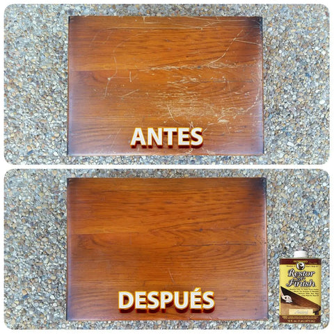 Before and after using Easy Peasy Wipe On Wood Finish Restorer In Golden Oak for furniture, showing restored luster.